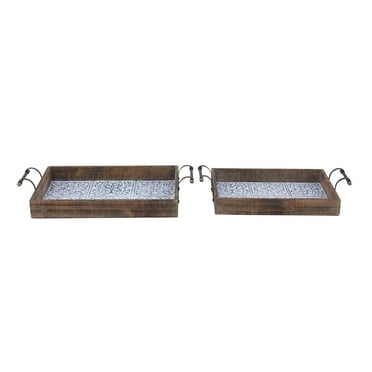 DecMode 23", 19"W Brown Wood  Tray with Tile Patterns, 2-Pieces