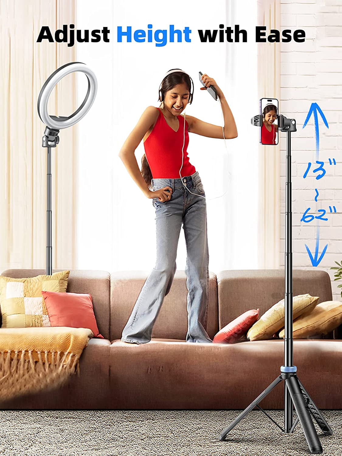 62" Phone Tripod & Selfie Stick, Extendable Photography Light Stand with Wireless Remote, Solidest, Portable, Lightweight, Compatible with iPhone/Android Phone