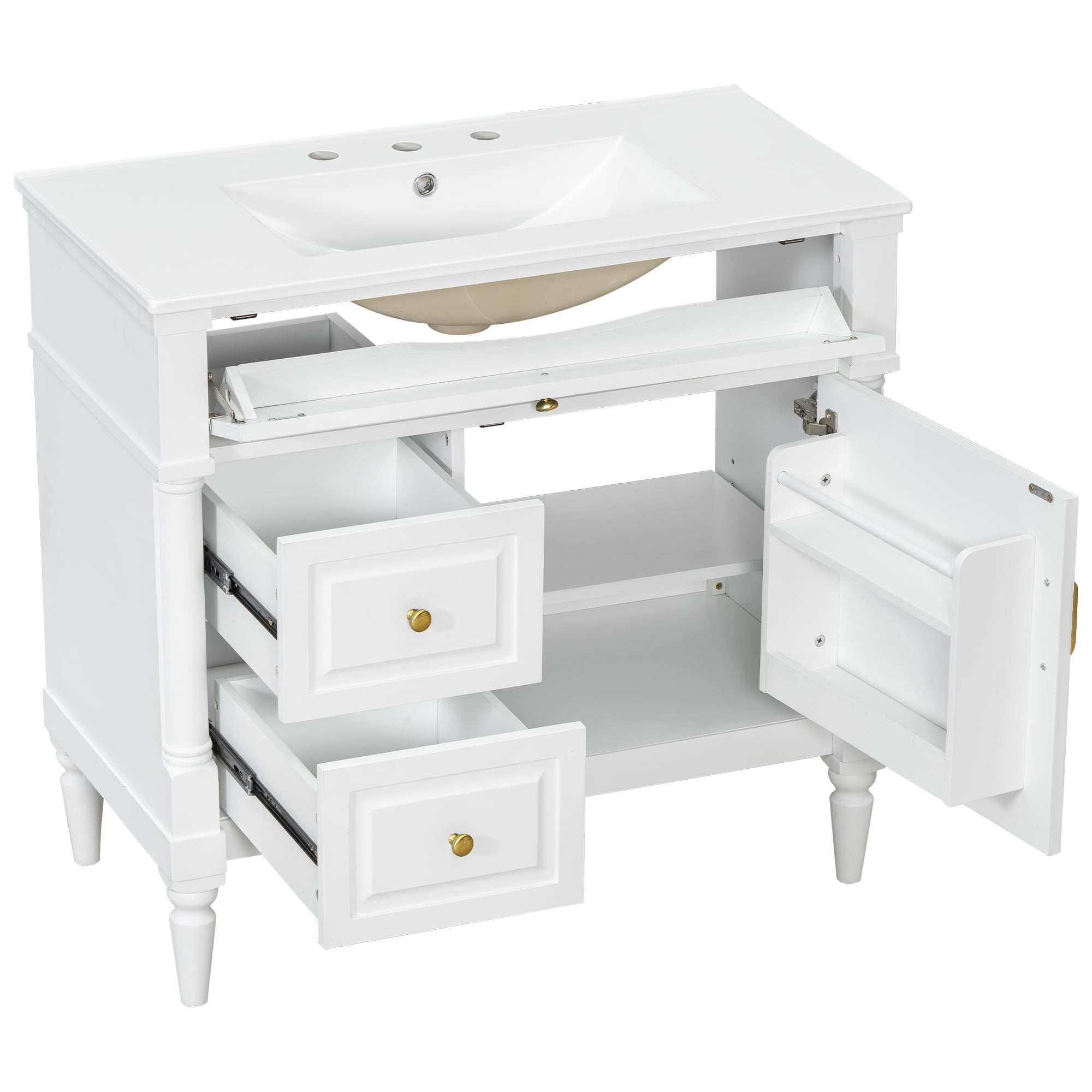 Alvantor 36" Bathroom Vanity with Ceramic Sink, Freestanding Storage Cabinet with Flip Drawers White