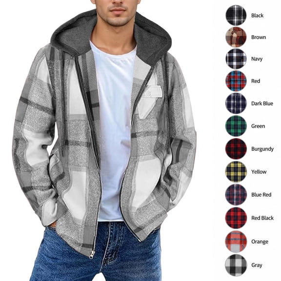XRoczxe Men's Plaid Flannel Lined Hooded Jacket, Casual Zip Up Plaid Shirt Jacket with Pockets, Warm Fleece Outerwear Coat for Fall Winter Daily Wear