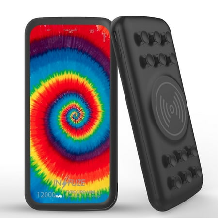 

INFUZE Qi Wireless Portable Charger for Samsung Galaxy A52 5G External Battery (12000 mAh 18W Power Delivery USB-C/USB-A 3.0 Ports Suction Cups) with Touch Tool - Rainbow Spiral