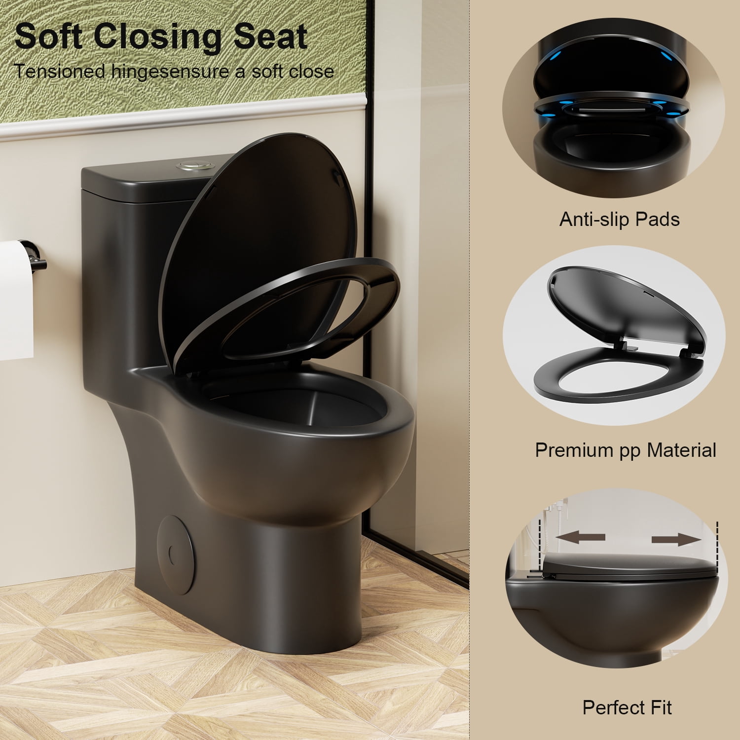 One-Piece Toilet,Powerful & Quiet Dual Flush Modern Toilet with Comfort Chair Seat,1.1/1.6 GPF,Black 02