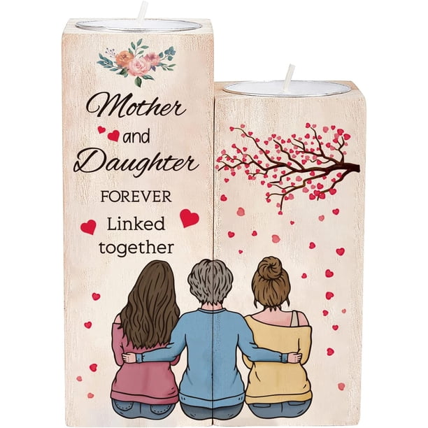 Juego de 2 portavelas de madera con diseño de madre e hija, con forma de corazón y flores, rectangulares, sin vela, 4,5 x 4,5 x 10 a 12 cm.
