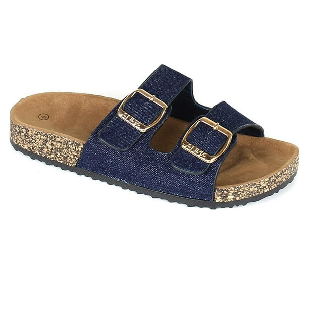 SNJ NEW Kids Girl Open Toe Solid Double Strap Cork Sole Slide Sandal