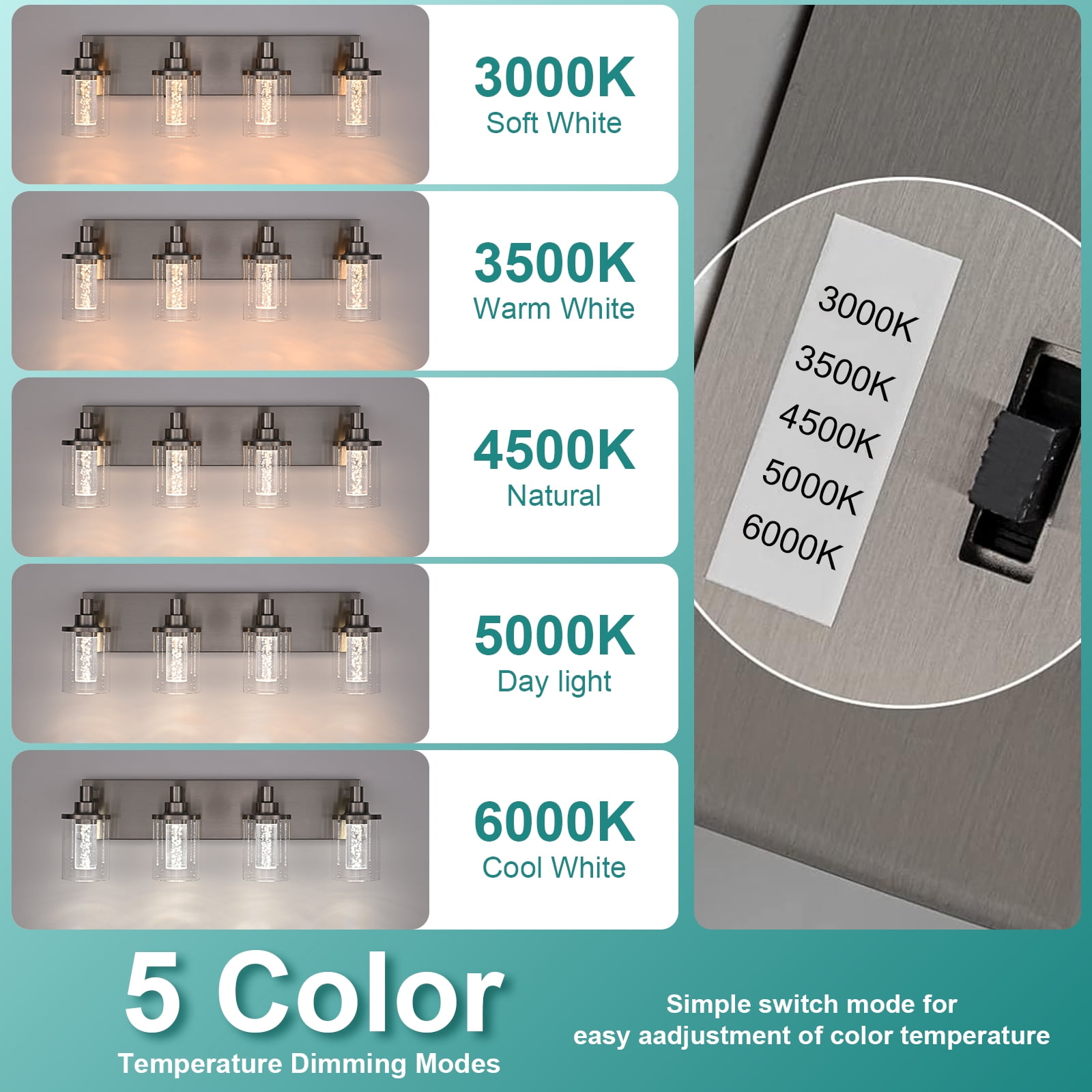 Melucee 5CCT Dimmable LED Brushed Nickel Vanity Lights 3-light, Modern Vanity Lighting Fixtures with Crystal Light Columns and Clear Glass for Bathroom Bedroom