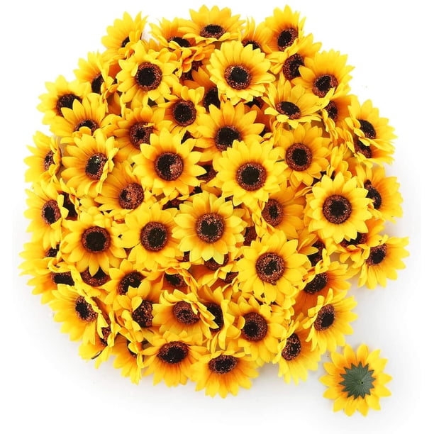 100 Uds. Girasoles artificiales amarillos de cabeza de girasol de rayón para decoración de hogar, jardín, oficina, fiesta de boda, ramo de Navidad (diámetro: 7cm) Zhivalor Decoración