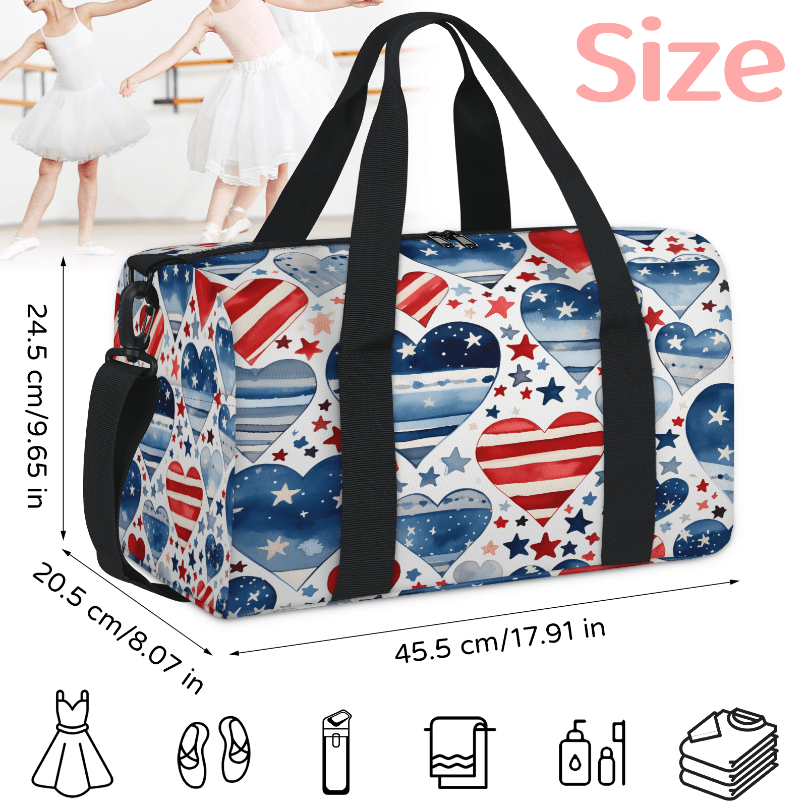 Herdesigns 4th Of July Heart Travel Duffle Bag Sports Yoga Weekender Overnight Carry on Workout Bags Lightweight Waterproof Gym Tote Bag for Women