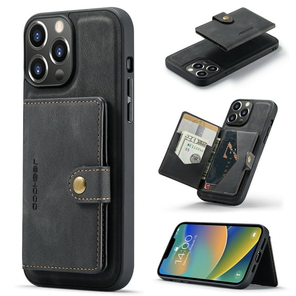 2 in 1 Detachable Wallet Back Cover for iPhone 14 Pro Max, Vintage Premium PU Leather Kickstand Case with Card Holder Pocket & Wireless Charging Slim Phone Cases Cover for iPhone 14 Pro Max,Black