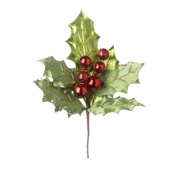 Christmas Floral Artificial Christmas Pick with Holly Metallic Green