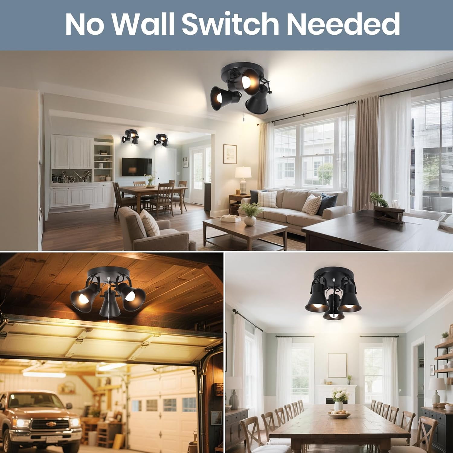 KEESFU 3-Light Track Lighting with Pull Chain, Adjustable Ceiling Spotlight with Extended Cord, Modern Industrial Flush Mount Light for Kitchen Garage Pantry