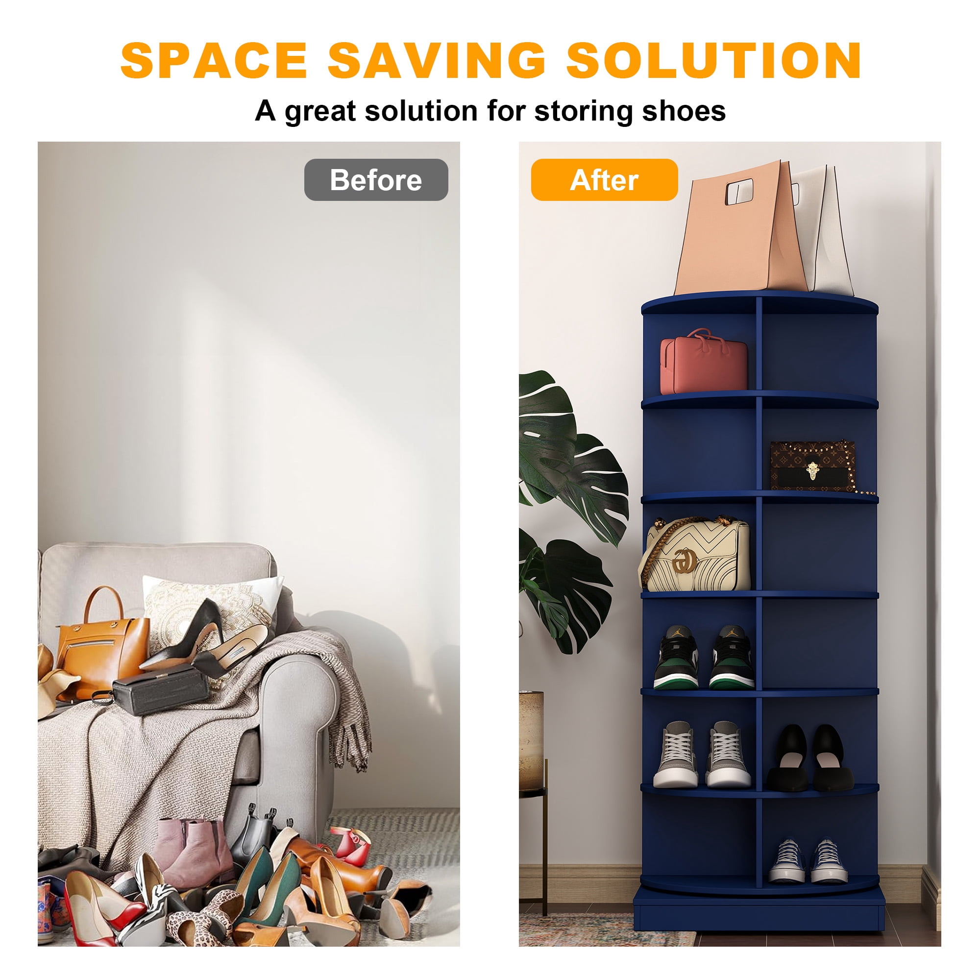 Aukfa 6-Tier Rotating Shoe Rack Storage, 360° Spinning Shoe Organizer Closet, Blue