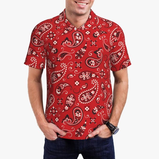 Fotbe Red Paisley Floral Camiseta Polo de Golf para Hombre con Estampado – Camisa Deportiva Transpirable con Cuello Abotonado-X-Large