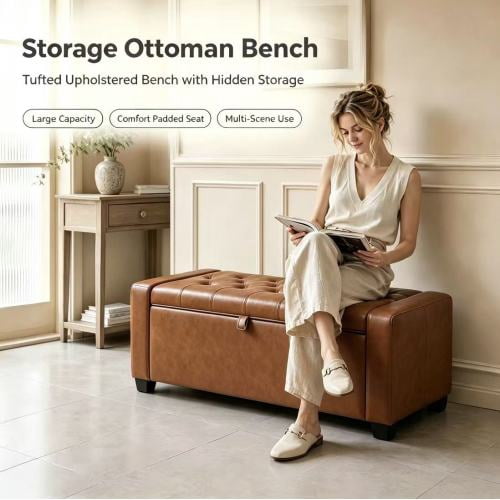 43.3" Storage Ottoman Bench, Upholstered Bedroom Bench with High-Resilience Foam Cushion, Sturdy Wood Frame, Dual Safety Hinges, Multi-Purpose for Living Room, Entryway & End of Bed