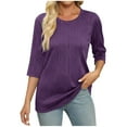 thumbnail image 4 of Otntypg Womens 3/4 Length Sleeve Tops Trendy Crew Neck Textured T Shirts Solid Basic Blouses Dressy Casual Loose Fit Tunic Tee Shirt Purple S, 4 of 7