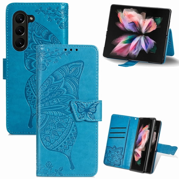 Cotree Wallet Case for Samsung Galaxy Z Fold 6, Butterfly & Flower Embossed Leather Case with Card Slots and Kickstand,Rosegold