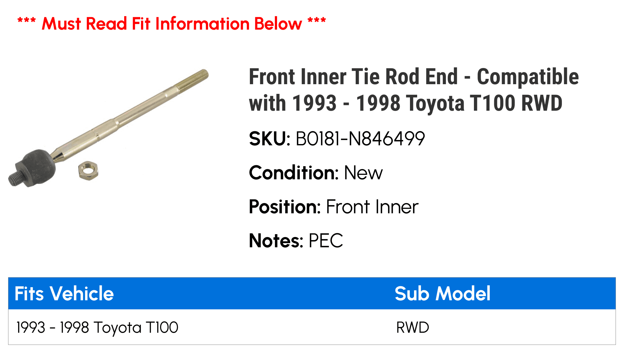 Front Inner Tie Rod End - Compatible with 1993 - 1998 Toyota T100 RWD 1994 1995 1996 1997