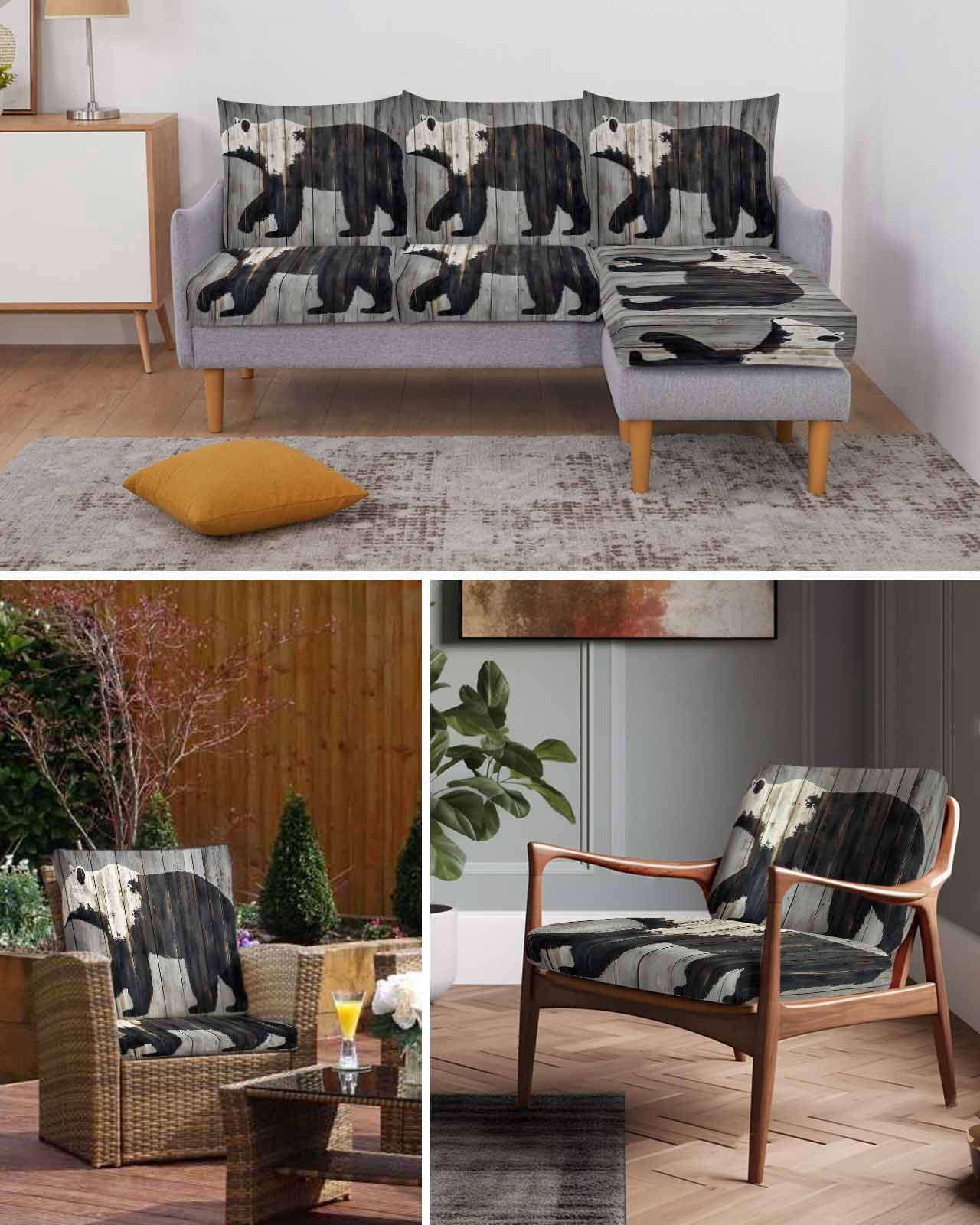 Black White Bear Sofa Couch Cushion Covers Washable, Removable Stretchable Sectional Couch Covers, Vintage Country Rustic Wooden Grain Slipcovers for L & T Shape Sofa Furniture Protector S Size 3 pcs