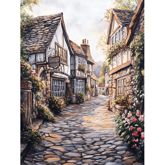 European Village Street Cobblestone Canvas Wall Art， Perfect for Living Room， Bedroom， Dining Room， Kitchen， Office Decoration and more.