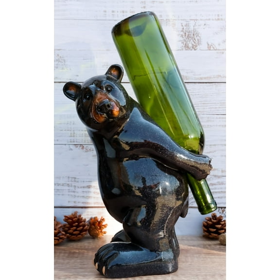 Rustic Western Mountain Black Bear Piggybacking Wine Bottle Holder Figurine