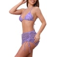 thumbnail image 4 of Conjuntos de bikini de halter de color bloque con ondas de agua para mujer, 3 piezas, parte inferior triangular, cubierta de malla, trajes de baño, púrpura claro mediano, 4 of 5