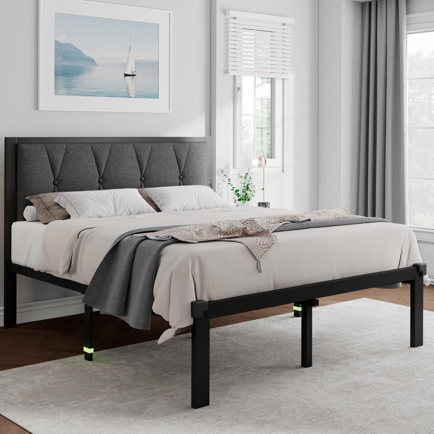 Feonase Queen Size Metal Bed Frame with Fabric Button Tufted Headboard,Heavy Duty Metal Slats, Noise Free, No Box Spring Needed, Dark Grey