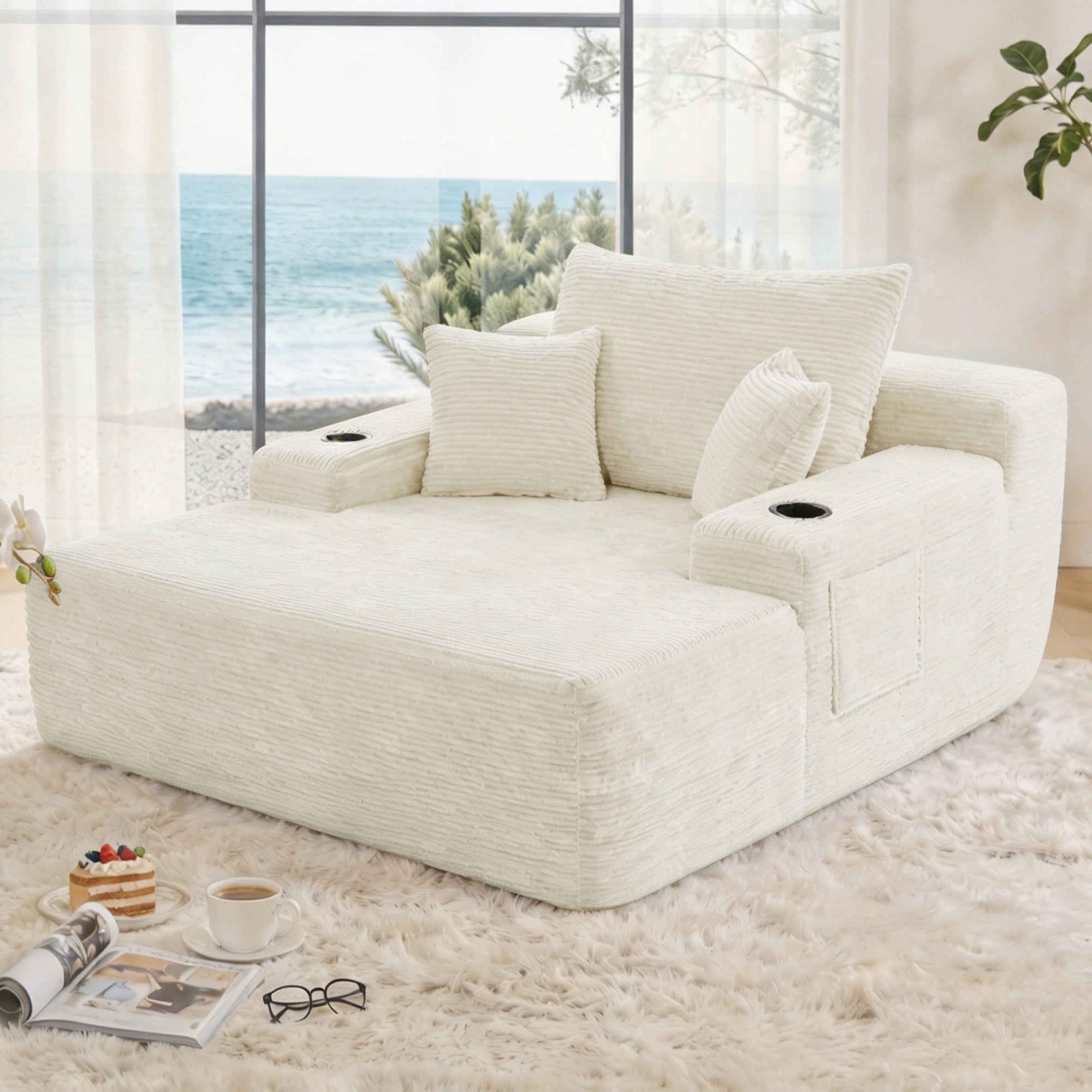 Leumius Oversized Chaise Lounge Chair Indoor,Upholstered Corduroy Cloud Couch Boneless Sofa Bed with Wide Armrest & Throw Pillows,Cup Holder for Living Room,Bedroom,No Assembly Required,Beige