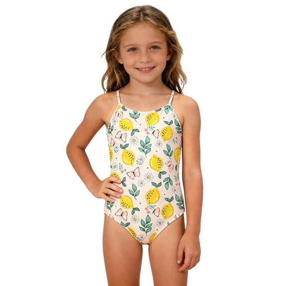 Tiijoy One-Piece Swimsuit for Girls Lemon Print Stretch Bathing Suit Swimwear, Sizes 4-10