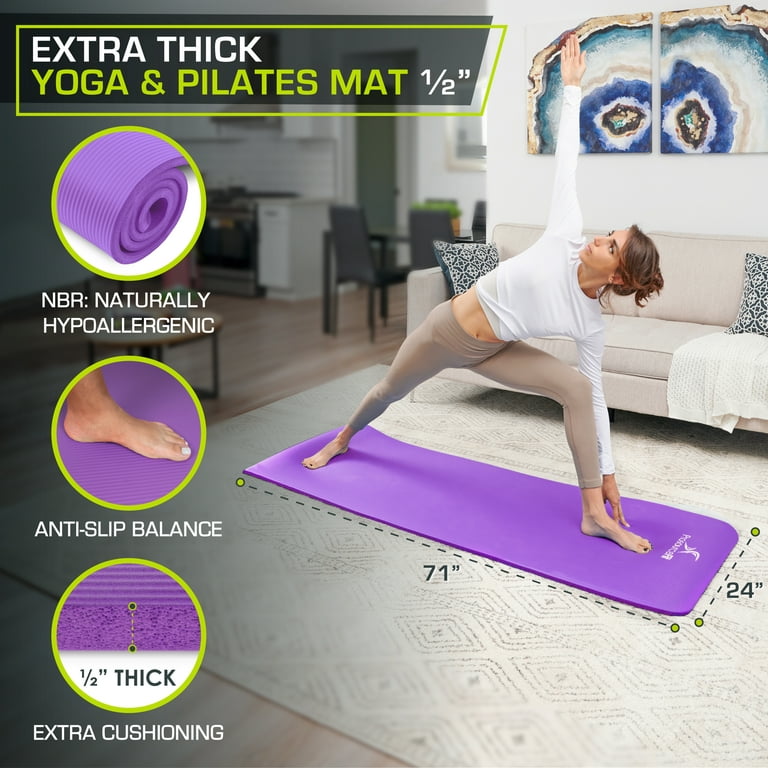 ProsourceFit Extra Thick Yoga and Pilates Mat 1/2-in, 71”L x 24”W Purple 