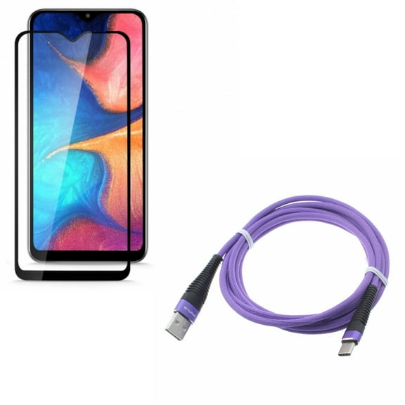 Galaxy A50/A20 Anti-Glare Screen Protector w Purple 6ft USB Cable - Tempered Glass Matte Anti-Fingerprint, Type-C Charger Cord Power for Samsung Galaxy A50/A20