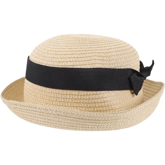 Pawsdot Straw Bowler Hat Ribbon Dome Style For Women Sun Hat Beige 1Pack