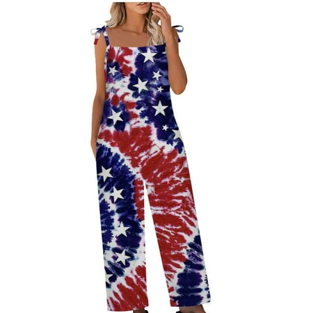 

Dyegold Jumpsuits for Women Casual Jumpsuit for Women Casual American Flag Patriotic Summer Buttons Pocket Playsuit Pants Sleeveless Square Neck Rompers
