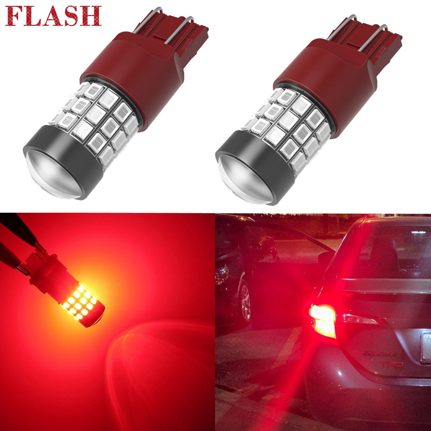 iBrightstar Newest 9-30V Flashing Strobe Blinking Brake Lights 1156 1141 1003 BA15S LED Bulbs with Projector replacement for Tail Brake Stop Lights Brilliant Red