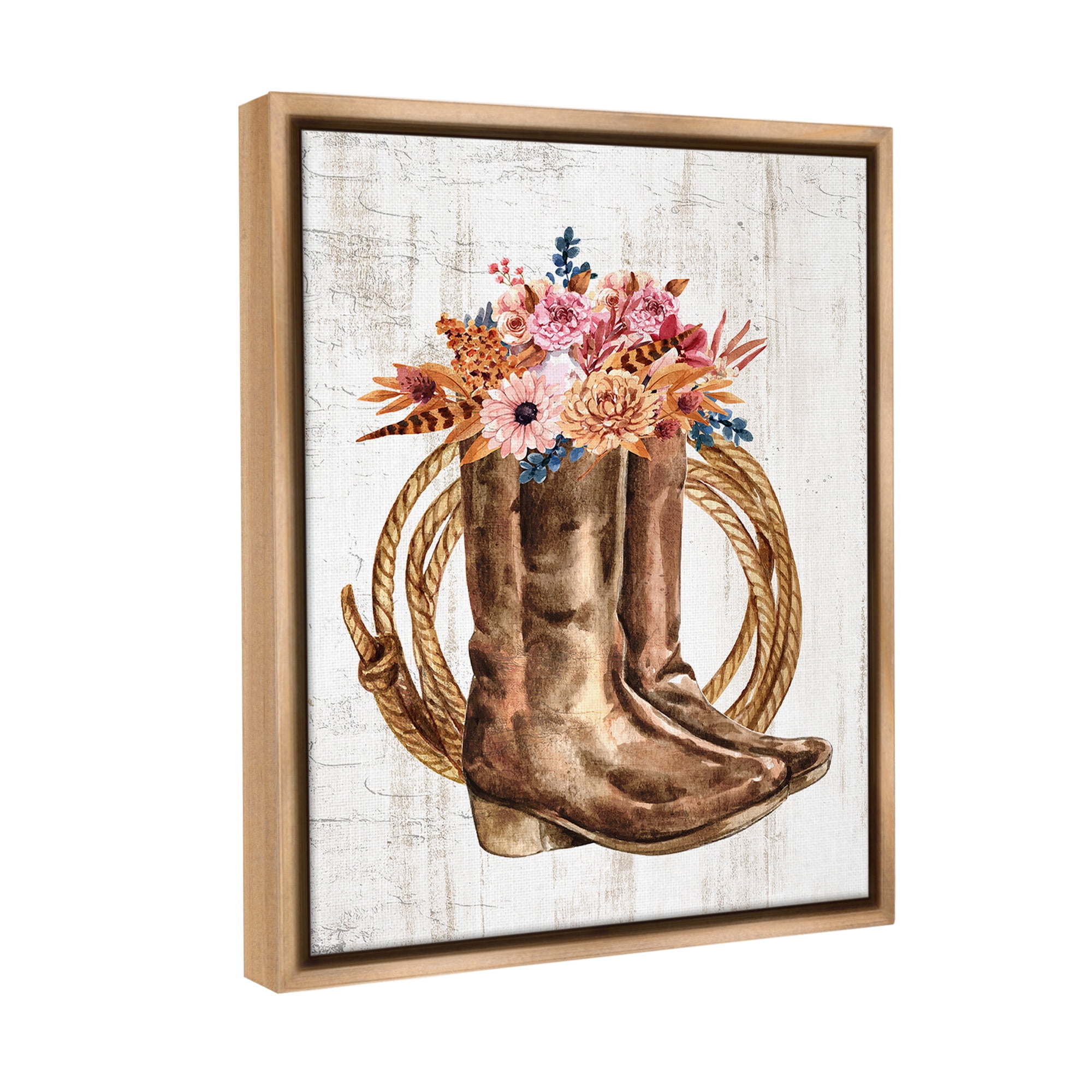 Stupell Industries Shabby Chic Floral Boots Botanical & Floral Painting Brown Floater Framed Canvas Art Print Wall Art, 17 x 21