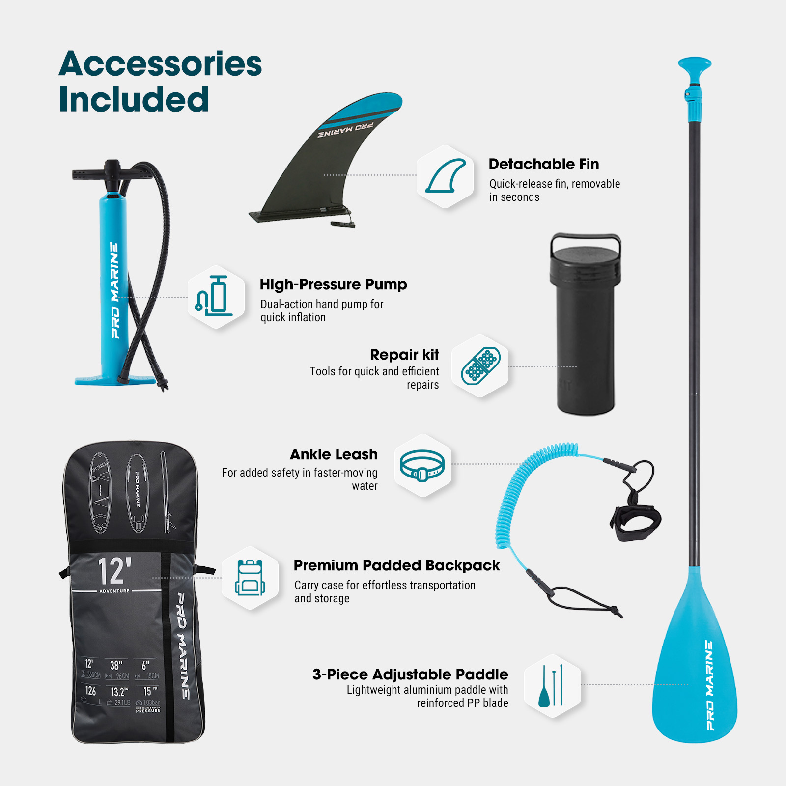 PROMARINE 12' Inflatable Stand up Paddle Boards  with Aluminum Paddle SUP Accessories Waterproof Bag, Non-Slip Comfort Deck (Blue)