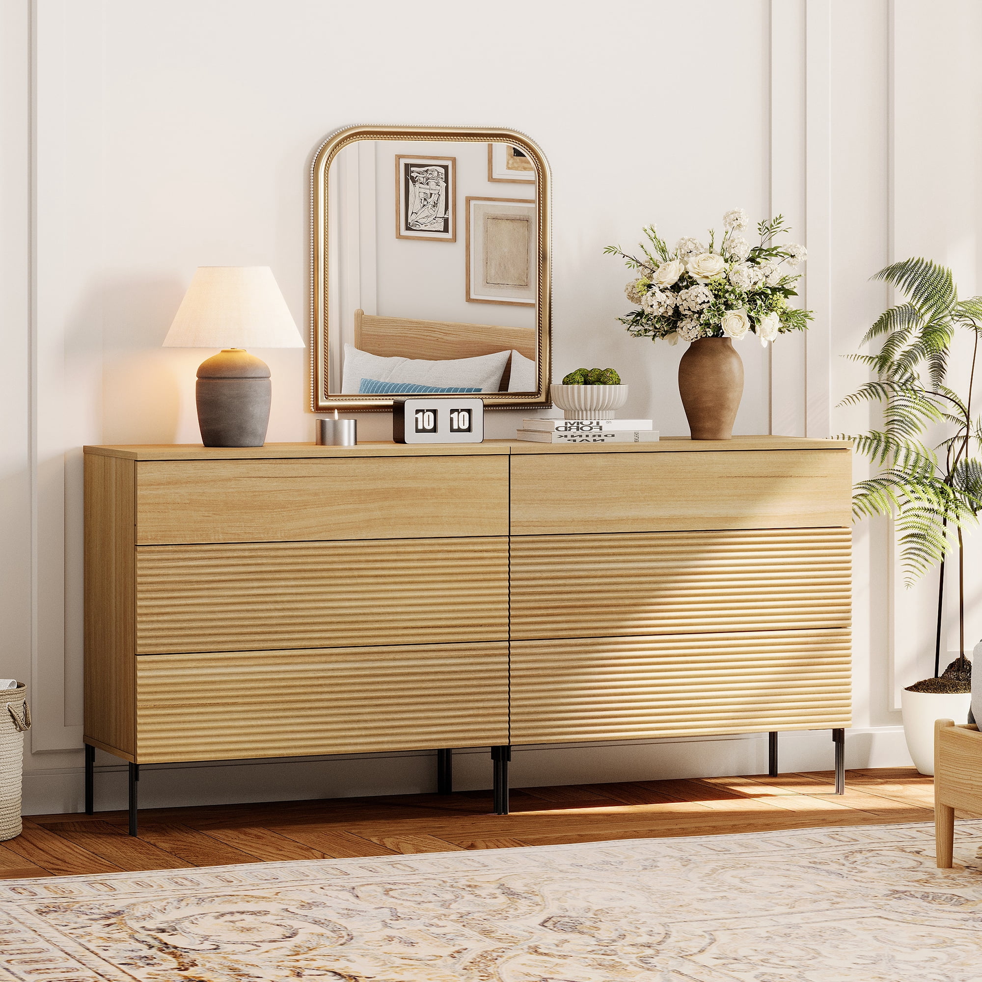4 Pcs Wood Bedroom Set，Reeded 6 Drawer Dresser and Nightstand Sets for Bedroom, Night Stand Set of 2 with Built-in Charging Station