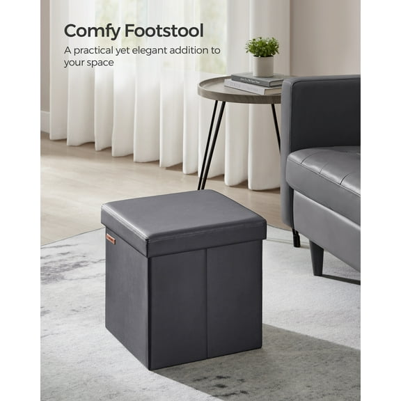 SONGMICS Foldable Storage Ottoman with Footstool Function, Cube Seat Supporting 660 lb, 11-Gallon Storage for Living Room, Bedroom or Dorm, Dark Gray