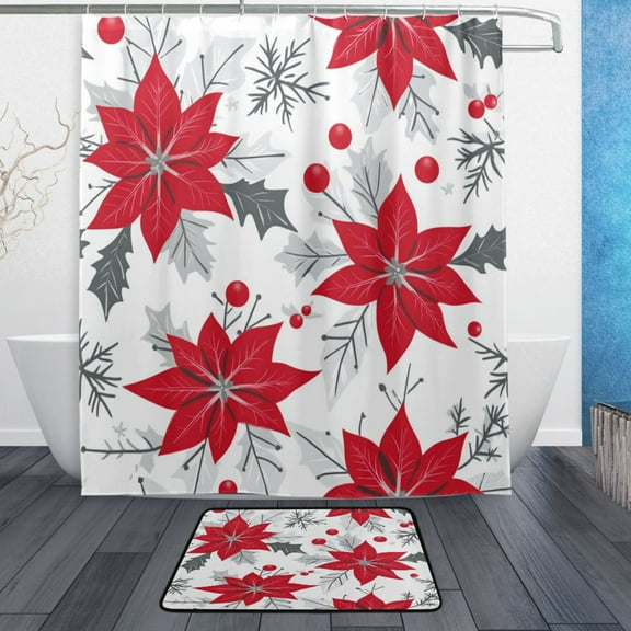 Bath Curtain & Non-Slip Bath Mat Set 12-Grommet Shower Curtain Memory Foam Bath Rug Red Poinsettia Pattern