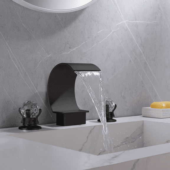 Matte Black Bathroom Sink Faucet 3 Hole Widespread Waterfall Bathroom Faucets with Crystals Handles Basin Mixer Tap 8-Inch High Arc Vanity Faucet with Supply Hose