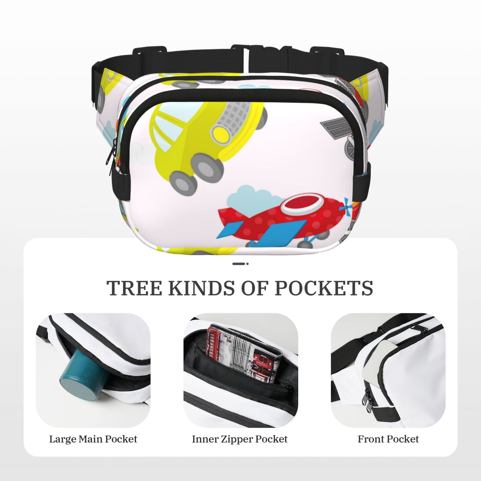 Picia Cute Transport Print Square Double-Layer Waist Bag Mini Adjustable Waist Belt Bag Exercise Running Travel Hiking