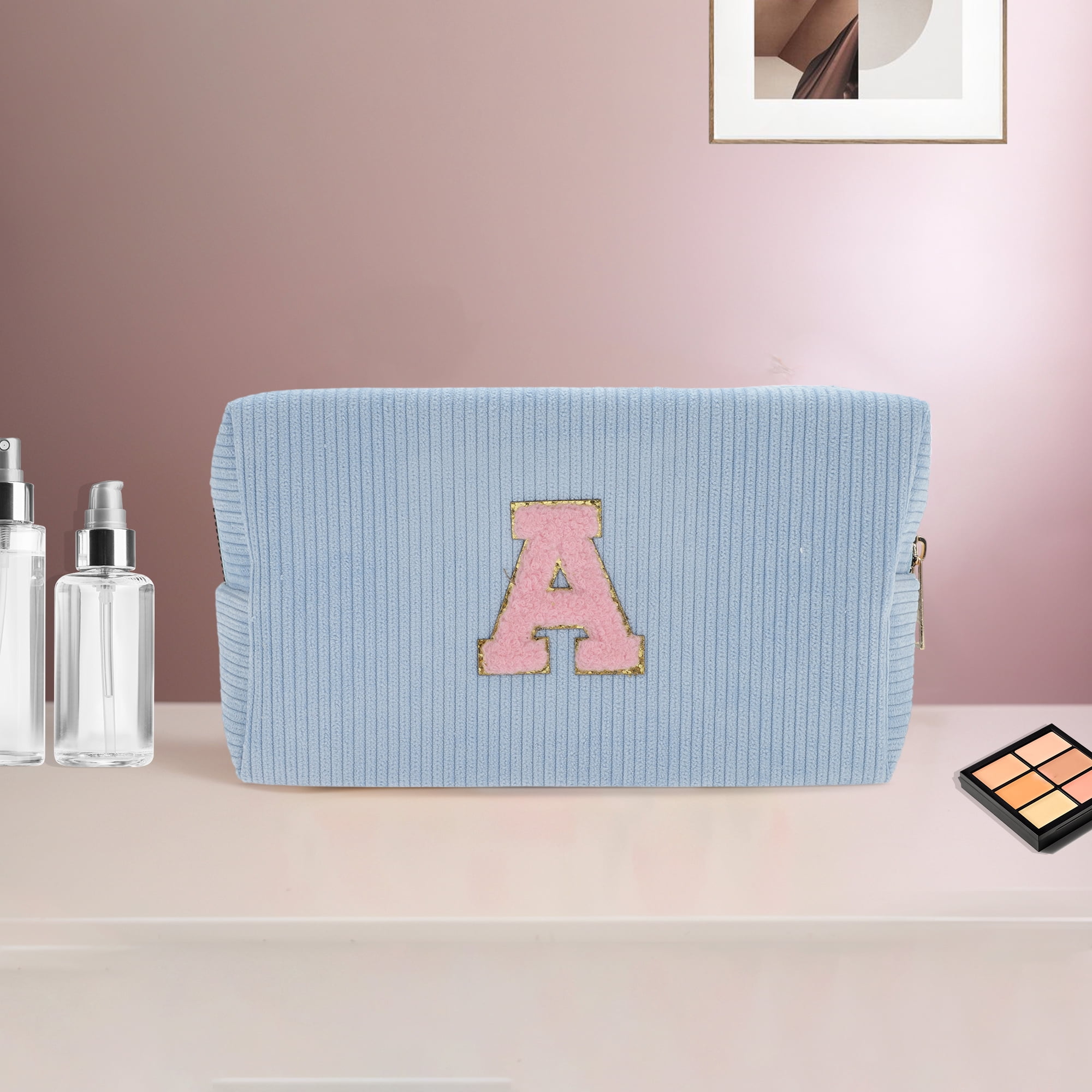 Unique Bargains 1 Pc Corduroy Rectangular Letter Makeup Bag Sky Blue [Letter A]