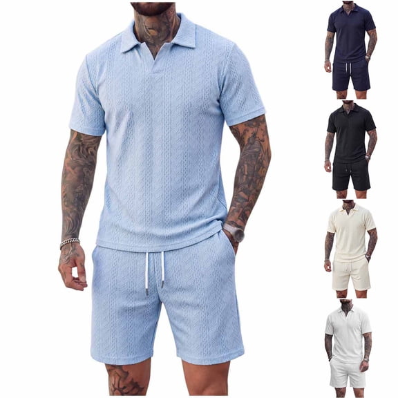 PIWHJQK 2 Piece Set Men Short Sleeve Shorts Workout Set Men's Solid Short Sleeve Elastic Waist Shorts 2 Piece Set Men Outfit Sets