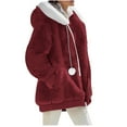 thumbnail image 4 of Lovskoo Winter Coats for Women Fuzzy Fleece Jacket Hooded Color Block Patchwork Cardigan Coat Outerwear with Pocket Claret, 4 of 9