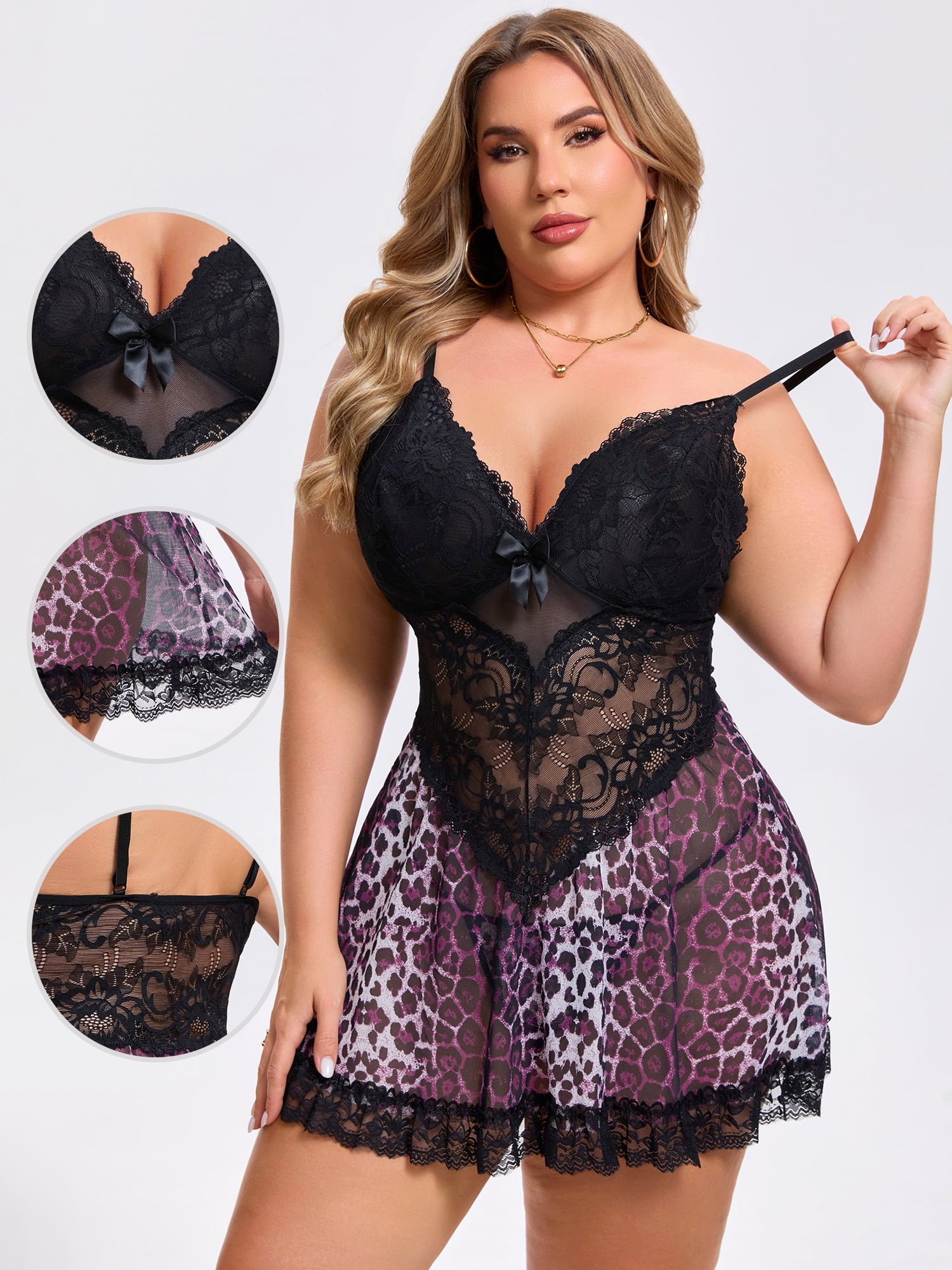 DARING DIVA Women's Plus Size Lingerie Lace V Neck Mesh See Through Chemise XL Purple