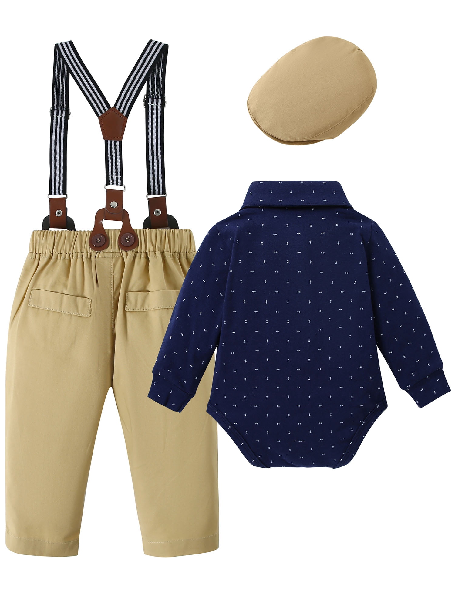 CARETOO Toddler Baby Boy Clothes 3-24 Months Outfit Formal Dress Shirt Suspender Pants Beret Hat Bow Tie 4pcs