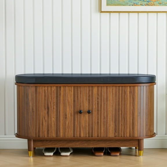 LEFHDA 39.4" Wide Walnut Shoe Bench with Padded Seat, Adjustable Shelf Storage Tambour Door Entryway Bench for Living Room, Bedroom
