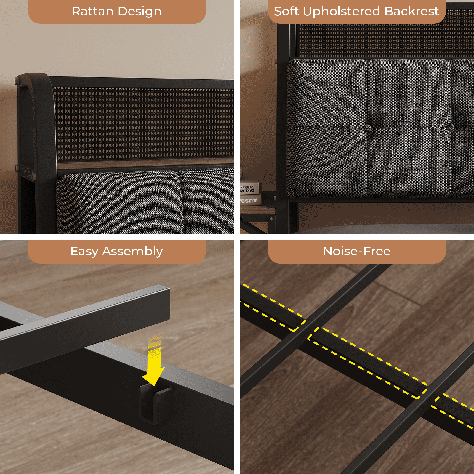 Vefurn Queen Floating Bed Frame with LED Lighting, Charging Ports, Upholstered Headboard, Black