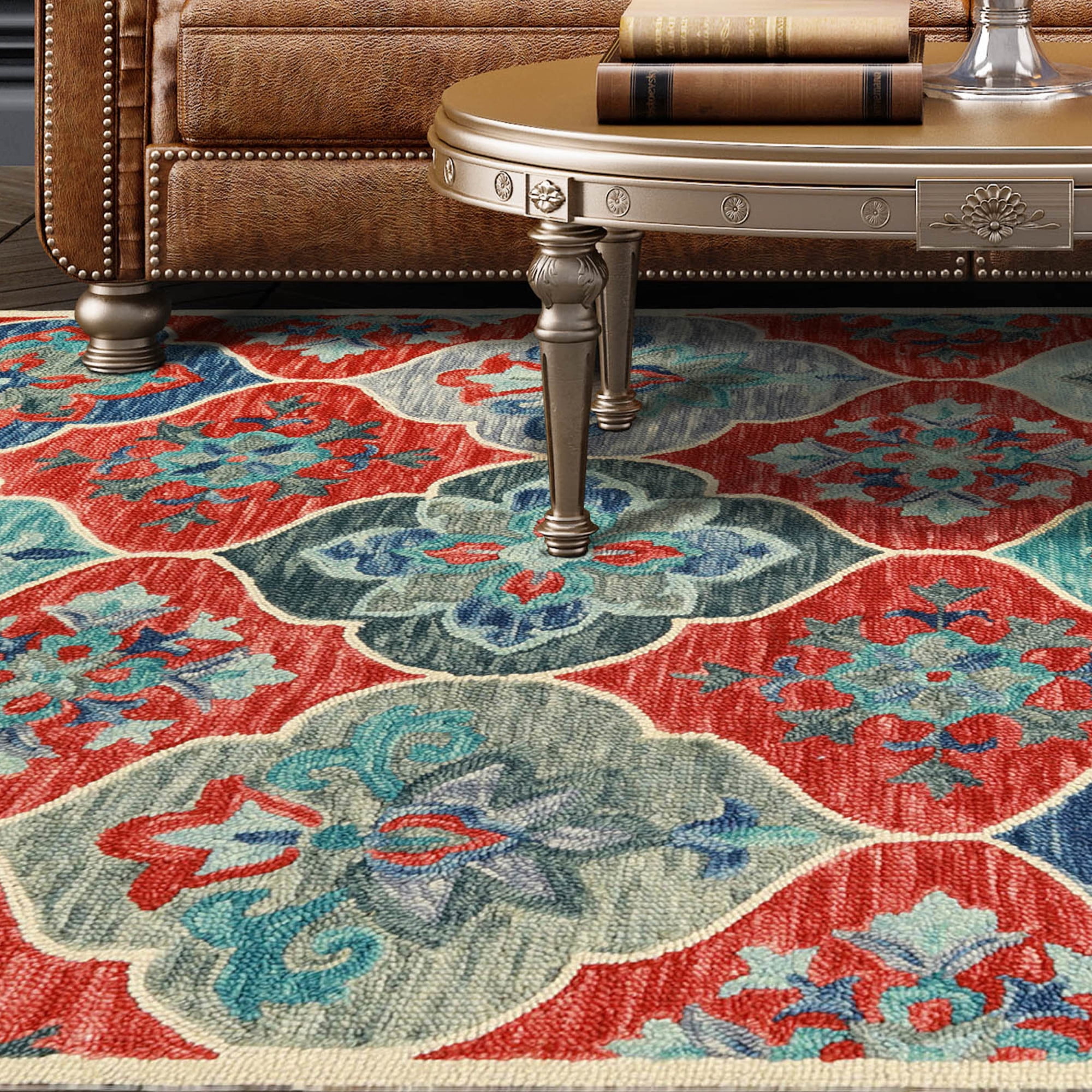 Geometric Floral Eclectic Modern Bohemian Handmade Wool Indoor Area Rug, Blue-Rust, 8' x 10'
