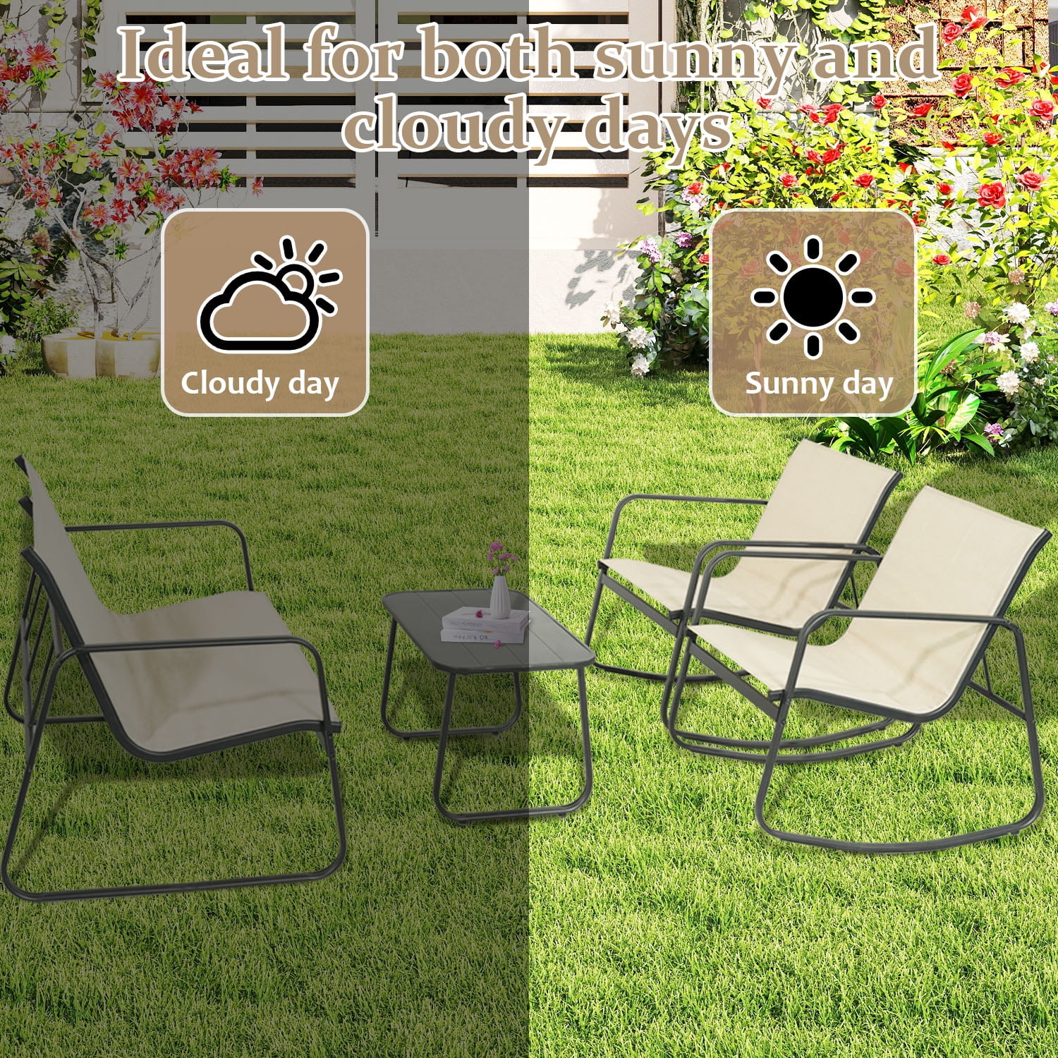 4-Piece Patio Furniture Set, Outdoor Textilene Conversation Set with Rocking Chairs & Loveseat, with Coffee Table for Garden, Balcony, Poolside