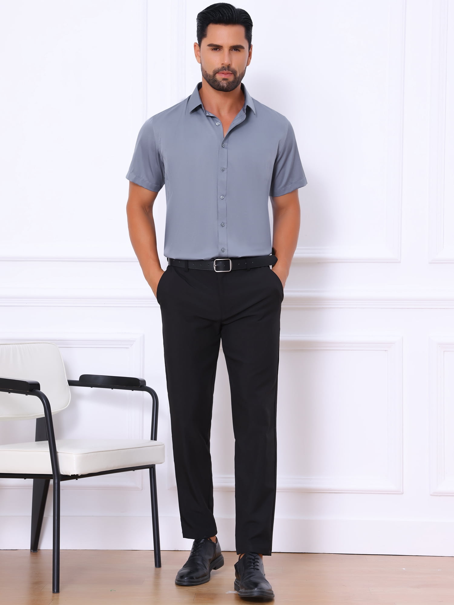 Unique Bargains Men's Short Sleeve Lightweight Business Formal Button Down Shirt S Gray