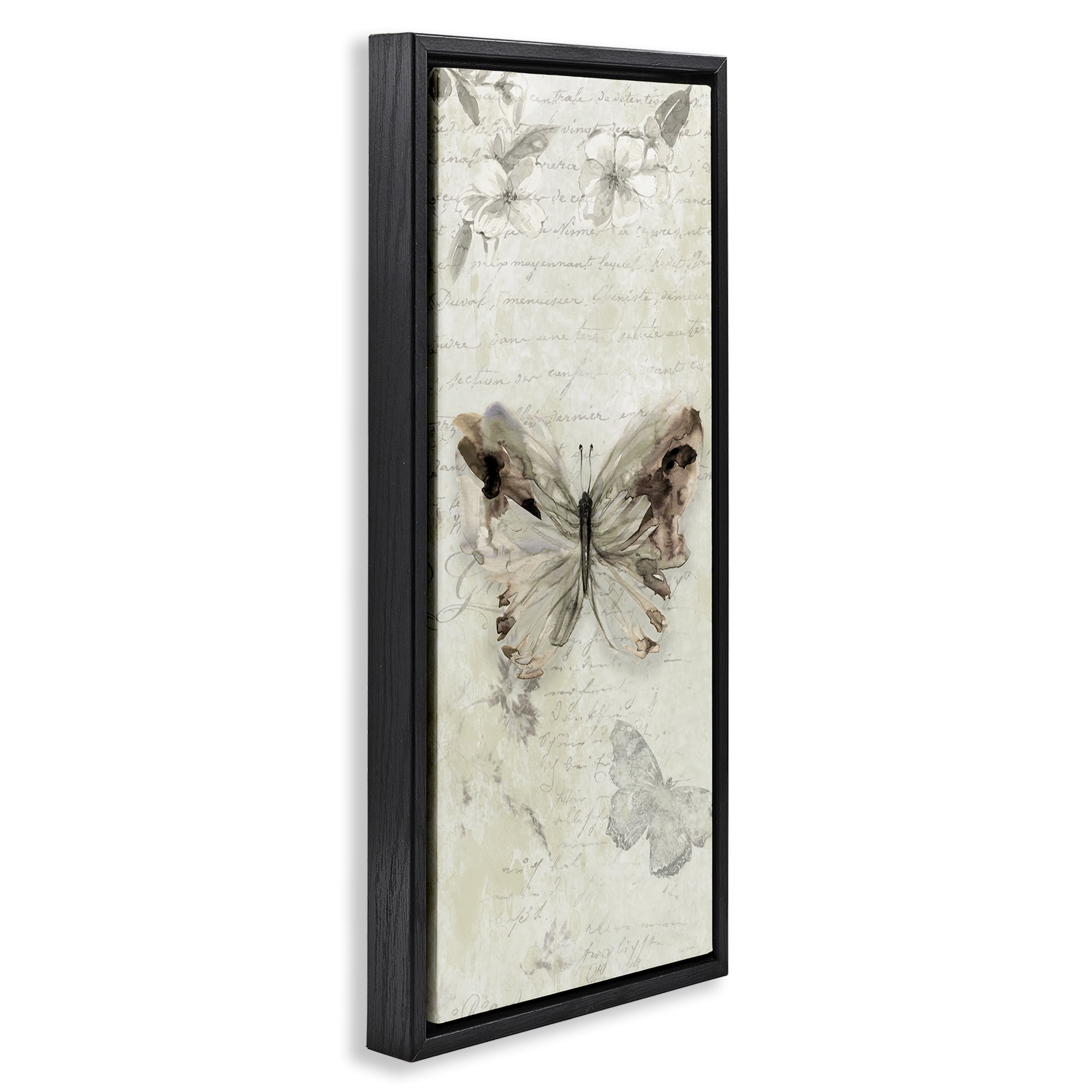 Stupell Industries Timeless Butterflies with Cursive Animals & Insects Painting Black Floater Framed Canvas Art Print Wall Art, 15 x 31